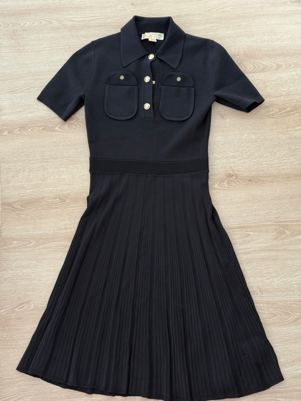 Michael Kors Black Short-Sleeve Polo Pleated Midi Dress